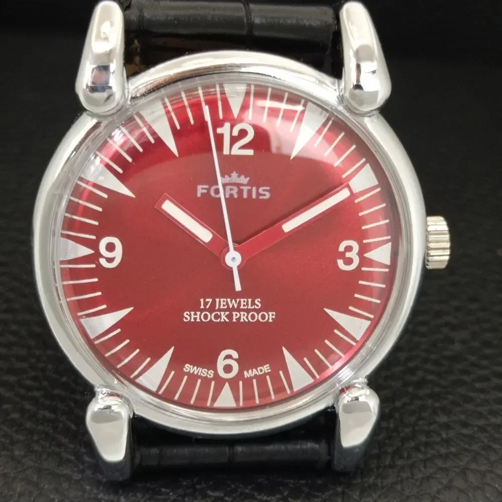 Vintage 1974 Fortis Manual Mens Silver Watch W/Leather Strap & Red accents